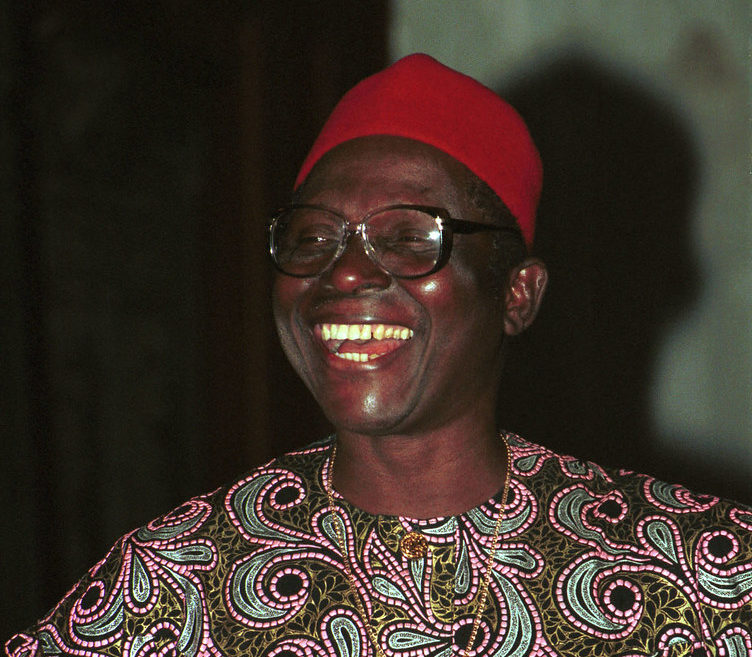 A portrait of Chief Osita Osadebe laughing 