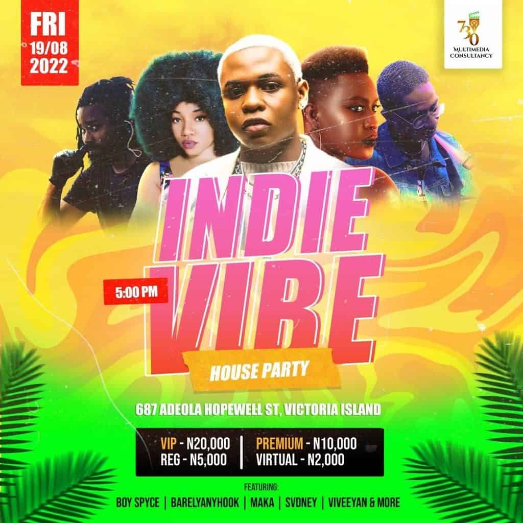 The official poster for the Indie Vibe House Party showing the featured artists