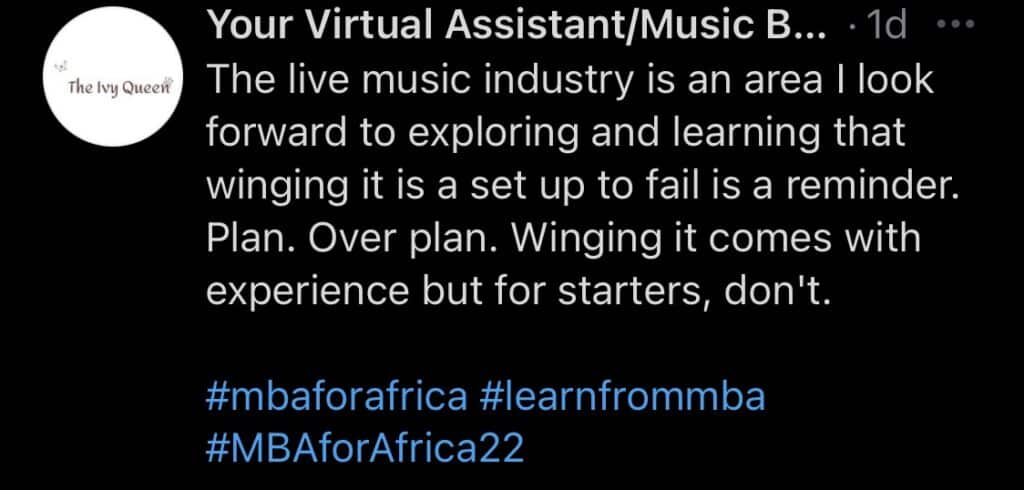 Tweet from an MBA for Africa student