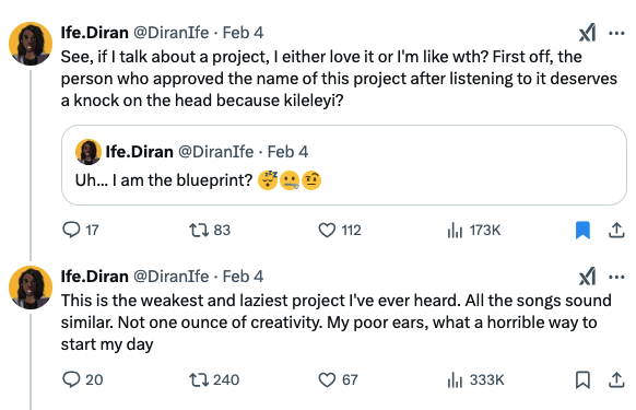 Ife Diran reacts to Qing Madi's new album